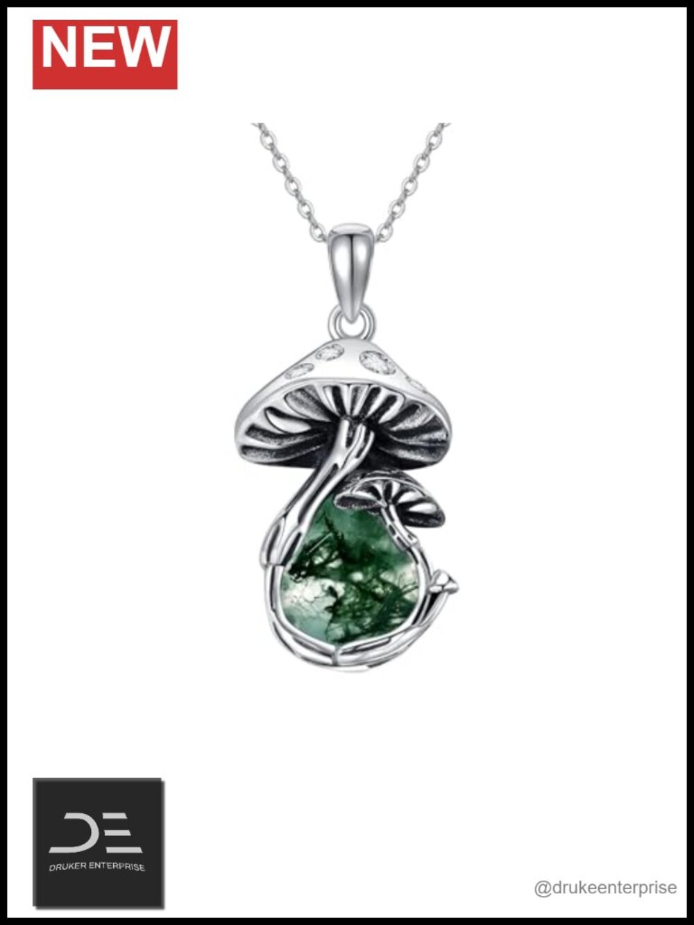 Sterling Silver Mushroom Pendant Necklace Moonstone Moss Agate Malachite Nature